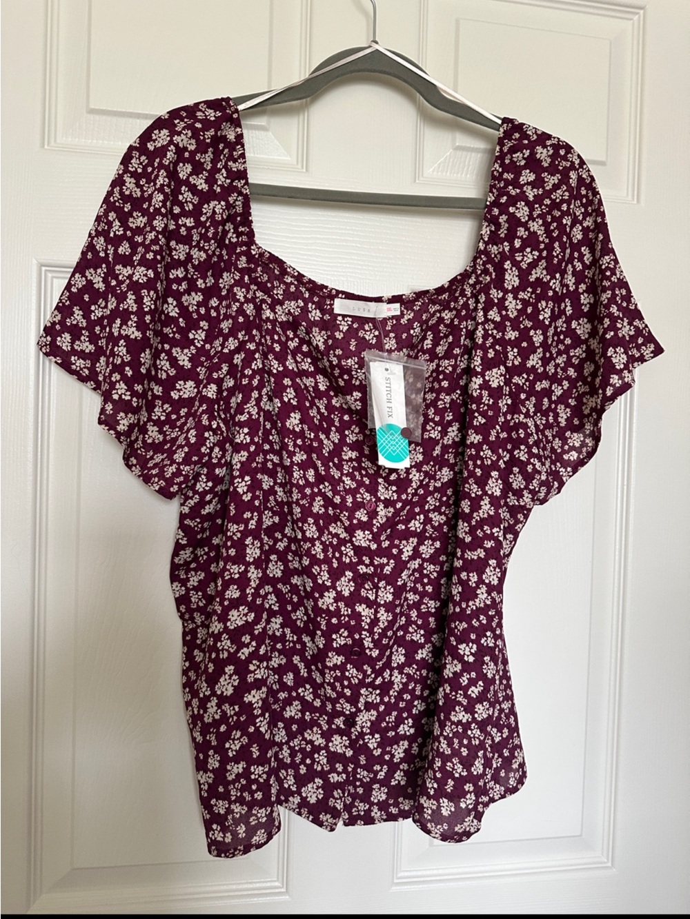 Lush Floral Scoop Neck Blouse - Burgundy & White